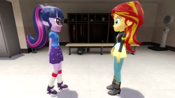 Size: 1360x768 | Tagged: safe, artist:mk513, sci-twi, sunset shimmer, twilight sparkle, equestria girls, legend of everfree, 3d, alternate costumes, alternate hairstyle, female, glasses, gmod, lesbian, scitwishimmer, shipping, sunsetsparkle