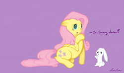 Size: 1178x693 | Tagged: safe, artist:lunlun, angel bunny, fluttershy, pegasus, pony, rabbit, female, mare, pet, pink mane, yellow coat