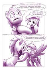 Size: 900x1362 | Tagged: safe, artist:moonlitbrush, derpy hooves, doctor whooves, pony, comic:unintentionally spreading happiness, boop, comic, crying, cute, eye contact, frown, male, monochrome, noseboop, open mouth, spanish, squishy cheeks, stallion, translation, translator:the-luna-fan, wide eyes