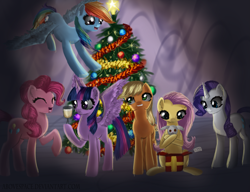 Size: 3255x2500 | Tagged: safe, artist:abovespace, derpibooru import, angel bunny, applejack, fluttershy, pinkie pie, rainbow dash, rarity, twilight sparkle, twilight sparkle (alicorn), alicorn, earth pony, pegasus, pony, unicorn, christmas, christmas tree, female, holiday, mane six, mare, present, tree