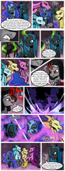 Size: 1500x3900 | Tagged: safe, artist:nancy-05, adagio dazzle, aria blaze, king sombra, nightmare moon, queen chrysalis, queen umbra, sonata dusk, changeling, changeling queen, pony, siren, unicorn, comic:fusing the fusions, comic:time of the fusions, alicorn amulet, argument, chest, clothes, comic, commissioner:bigonionbean, coughing, dialogue, dungeon, evil planning in progress, female, gas, gem, imminent fusion, jewelry, mare, necklace, nodding, potion, prison, regalia, rule 63, siren gem, smiling, smirk, spell, spirit, tartarus, the dazzlings, wingless, writer:bigonionbean