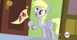 Size: 1152x607 | Tagged: safe, screencap, derpy hooves, pegasus, pony, rainbow falls, derpy's flag, female, google, hub logo, mare, meme, solo, youtube caption