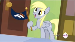 Size: 960x540 | Tagged: safe, derpy hooves, pegasus, pony, rainbow falls, american football, denver broncos, derpy's flag, exploitable meme, female, hub logo, mare, meme, nfl, solo