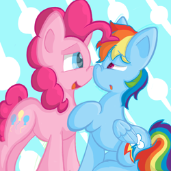 Size: 1024x1024 | Tagged: safe, artist:majorleaguepony, artist:majorleaguepony101, derpibooru import, pinkie pie, rainbow dash, earth pony, pegasus, pony, :o, bedroom eyes, boop, eye contact, female, lesbian, noseboop, open mouth, pinkiedash, raised hoof, shipping, sitting, smiling