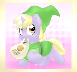 Size: 1400x1300 | Tagged: safe, artist:lamia, dinky hooves, bag, candy, clothes, costume, cute, dinkabetes, foal, link, mouth hold, solo, the legend of zelda