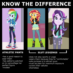 Size: 1000x1000 | Tagged: safe, derpibooru import, rainbow dash, starlight glimmer, sunset shimmer, equestria girls, background pony strikes again, clothes, comparison chart, image macro, know the difference, leggings, meme, modesty, op is a cuck, op is trying to start shit, wat