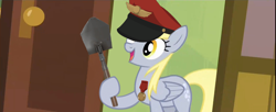 Size: 1280x521 | Tagged: safe, edit, screencap, derpy hooves, pegasus, pony, rainbow falls, derpy's flag, female, hat, mare, medal, shovel, soldier, solo, team captain, team fortress 2