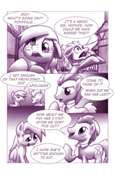 Size: 900x1362 | Tagged: safe, artist:moonlitbrush, derpy hooves, doctor whooves, pegasus, pony, comic:unintentionally spreading happiness, comic, cute, female, mare, monochrome, ponyville, smiling, wide eyes