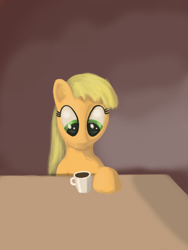 Size: 750x1000 | Tagged: safe, artist:drakmire, applejack, earth pony, pony, blonde mane, coffee, female, mare, orange coat, solo