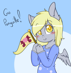 Size: 837x862 | Tagged: safe, artist:chibimlp-lover, derpy hooves, anthro, rainbow falls, :t, blushing, clothes, cute, flag, looking at you, pajamas, ponyville flag, smiling, solo, the grey one's glorious return