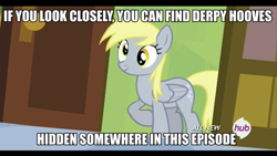 Size: 500x281 | Tagged: safe, edit, edited screencap, screencap, derpy hooves, pegasus, pony, rainbow falls, female, hub logo, image macro, mare, sarcasm in the comments, solo, text edit, the grey one's glorious return