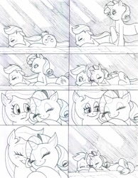 Size: 638x822 | Tagged: safe, artist:gojira007, applejack, rarity, earth pony, pony, unicorn, comic, female, happy, lesbian, monochrome, rarijack, shipping, snuggling, tired