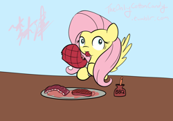 Size: 1000x700 | Tagged: safe, artist:lightningnickel, fluttershy, pegasus, pony, 30 minute art challenge, meat, ponies eating meat, ribs, solo