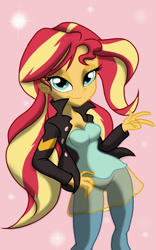 Size: 1200x1920 | Tagged: safe, artist:theroyalprincesses, sunset shimmer, equestria girls, breasts, clothes, female, hand on hip, leather jacket, lidded eyes, looking at you, smiling, solo, sunset jiggler