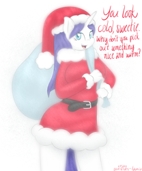 Size: 1250x1500 | Tagged: safe, artist:lamia, rarity, anthro, bag, christmas, clothes, cute, hat, santa costume, santa hat, solo