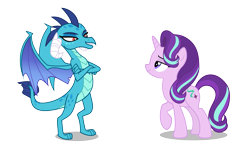 Size: 5919x3586 | Tagged: safe, artist:dnastudiobrony, princess ember, starlight glimmer, dragon, pony, unicorn, crack shipping, emberglimmer, female, lesbian, shipping, simple background, transparent background, vector