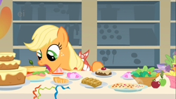 Size: 1366x768 | Tagged: safe, screencap, applejack, earth pony, pony, a bird in the hoof, apple, cake, eating, food, sandwich, solo