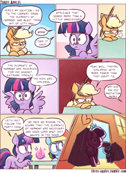 Size: 944x1294 | Tagged: safe, artist:capnpea, artist:kefkafloyd, derpibooru import, applejack, diamond tiara, rainbow dash, silver spoon, twilight sparkle, twilight sparkle (alicorn), alicorn, earth pony, pegasus, pony, comic:three apples, comic, female, filly, mare, no pupils, snorting