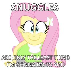 Size: 720x717 | Tagged: safe, artist:masem, fluttershy, equestria girls, equestria girls (movie), bronybait, happyshy, image macro, imma snuggle you, looking at you, simple background, snuggling, solo, white background