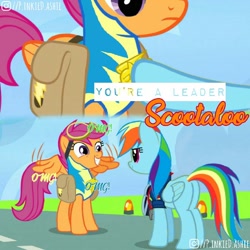 Size: 1080x1080 | Tagged: safe, artist:p.inkied.ashie, derpibooru import, edit, edited screencap, screencap, rainbow dash, scootaloo, pegasus, pony, wonderbolts academy, adorkable, best pony, character swap, clothes, cute, dialogue, dork, duo, heartwarming, instagram, older, omg, scootalove, spread wings, uniform, whistle, wings, wonderbolt trainee uniform