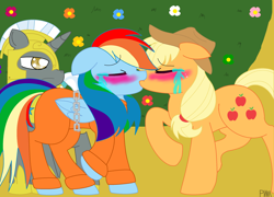 Size: 2520x1816 | Tagged: safe, artist:pokewarriormelodies, derpibooru import, applejack, rainbow dash, earth pony, pegasus, pony, appledash, blushing, clothes, crying, female, kissing, lesbian, prison outfit, prisoner rd, royal guard, shipping