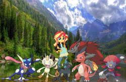 Size: 10500x6900 | Tagged: safe, artist:doctorjohnpotters, sunset shimmer, equestria girls, absurd resolution, charmeleon, greninja, meowth, pokémon, umbreon, weavile, zoroark