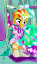 Size: 600x1024 | Tagged: safe, artist:takshive, starlight glimmer, sunburst, pony, unicorn, blushing, female, glasses, hug, magic, male, mare, shipping, smiling, stallion, starburst, straight