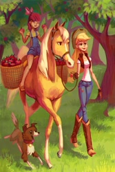 Size: 2492x3736 | Tagged: safe, artist:holivi, apple bloom, applejack, winona, horse, human, female, humanized, humans riding horses, riding, siblings, sisters, skinny