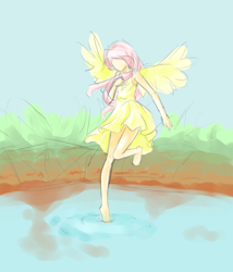 Size: 4320x5040 | Tagged: safe, artist:meikokoro, fluttershy, absurd resolution, breasts, clothes, delicious flat chest, dress, flattershy, flying, humanized, skinny, solo, water, winged humanization