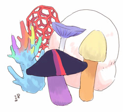 Size: 1000x910 | Tagged: safe, artist:yanamosuda, derpibooru import, applejack, fluttershy, pinkie pie, rainbow dash, rarity, twilight sparkle, fungus, latticed stinkhorn, mane six, mushroom, my little x, puffball mushroom, simple background, species swap, wat, white background