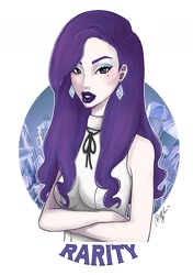 Size: 1484x2109 | Tagged: safe, artist:ayaka-itoe, artist:misshapen-black, rarity, human, clothes, earring, humanized, light skin, lipstick, makeup, solo