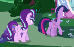 Size: 284x182 | Tagged: safe, screencap, starlight glimmer, twilight sparkle, twilight sparkle (alicorn), alicorn, pony, fame and misfortune, butt, cropped, duo, glimmer glutes, picture for breezies, plot, twibutt
