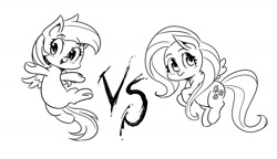 Size: 1713x988 | Tagged: safe, artist:mrs1989, derpibooru import, fluttershy, rainbow dash, pegasus, pony, cute, dashabetes, duo, female, mare, monochrome, shyabetes, simple background, sketch, smiling, versus, white background