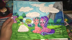 Size: 960x540 | Tagged: safe, artist:chris chan, starlight glimmer, oc, oc:miss night star, pony, unicorn, autograph, chris chan, dialogue, hand, kelly sheridan, that pony sure does love kites, traditional art