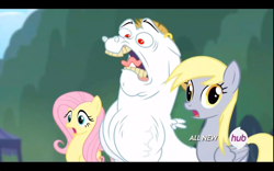 Size: 1280x800 | Tagged: safe, bulk biceps, derpy hooves, fluttershy, pegasus, pony, rainbow falls, drama, female, gasp, mare, the horror