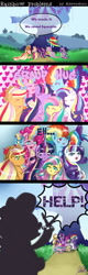 Size: 800x2500 | Tagged: safe, artist:kitsunehino, derpibooru import, applejack, fluttershy, pinkie pie, rainbow dash, rarity, spike, twilight sparkle, twilight sparkle (alicorn), alicorn, dragon, earth pony, pegasus, pony, unicorn, comic, female, hue, mane seven, mane six, mare, rainbow power, scissors, tangled up