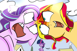 Size: 1500x1000 | Tagged: safe, artist:zouyugi, starlight glimmer, sunset shimmer, twilight sparkle, pony, angry, floppy ears, headbutt, looking at each other, open mouth, smiling