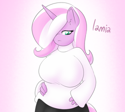 Size: 1000x890 | Tagged: safe, artist:lamia, oc, oc only, oc:lamia, anthro, unicorn, big breasts, breasts, clothes, female, huge breasts, solo, sweater