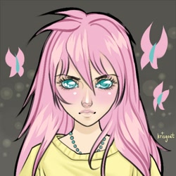 Size: 500x500 | Tagged: safe, artist:krisgoat, fluttershy, clothes, female, humanized, pink hair, solo