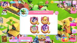 Size: 960x540 | Tagged: safe, edit, applejack, spike, starlight glimmer, twilight sparkle, dragon, earth pony, pony, cardboard twilight, female, game screencap, gameloft, golden oaks library, mare, screenshots, stock vector