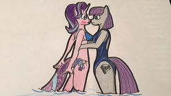 Size: 1024x576 | Tagged: safe, artist:riverstationstudios, maud pie, starlight glimmer, anthro, earth pony, unicorn, bikini, blushing, clothes, female, lesbian, shipping, starmaud, swimsuit, traditional art, water, wrong cutie mark