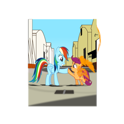 Size: 1200x1200 | Tagged: safe, artist:grapefruitface1, derpibooru import, rainbow dash, scootaloo, pegasus, pony, album cover, complex background, female, filly, fire, hipgnosis, hoofbump, mare, parody, pink floyd, ponified, ponified album cover, wish you were here
