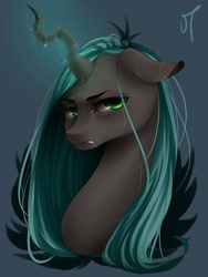 Size: 1536x2048 | Tagged: safe, artist:vardastouch, queen chrysalis, changeling, changeling queen, bust, female, sad, simple background, solo