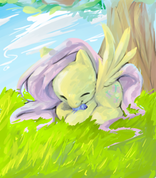 Size: 700x800 | Tagged: safe, artist:rosurin, fluttershy, bird, pegasus, pony, animal, grass, solo, tree