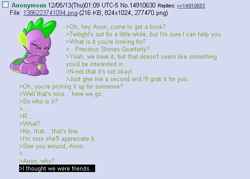 Size: 536x384 | Tagged: safe, rarity, spike, dragon, pony, unicorn, /mlp/, 4chan, anon in equestria, betrayal, feels, greentext, rejection is magic, text