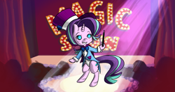 Size: 967x512 | Tagged: safe, artist:grim ponka, starlight glimmer, pony, unicorn, collaboration, bipedal, clothes, costume, cute, female, hat, magic show, magician outfit, mare, smiling, spotlight, top hat, wand