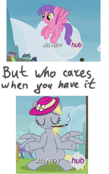 Size: 750x1200 | Tagged: safe, derpy hooves, pegasus, pony, rainbow falls, season 4, background pony, female, fuchsia gems, mare, meme