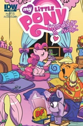 Size: 627x951 | Tagged: safe, artist:amy mebberson, idw, applejack, fluttershy, gummy, pinkie pie, twilight sparkle, earth pony, pegasus, pony, book, clean, comic, cover, kissing, mane six, official, slumber party, yawn