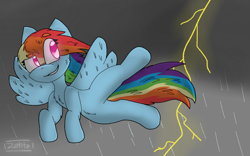 Size: 1024x640 | Tagged: safe, artist:zohto, derpibooru import, rainbow dash, pegasus, pony, flying, lightning, rain, solo