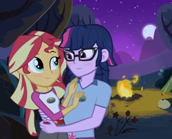 Size: 2691x2172 | Tagged: dead source, safe, artist:drewmwhit, dusk shine, sci-dusk, sci-twi, sunset shimmer, twilight sparkle, equestria girls, legend of everfree, camp everfree outfits, campfire, duskshimmer, glasses, half r63 shipping, male, moon, rule 63, sciduskshimmer, scitwishimmer, shipping, straight, sunsetsparkle